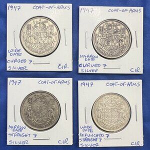 Rare Set of 4 Variant 1947 Canada Half Dollar Silver Coins!